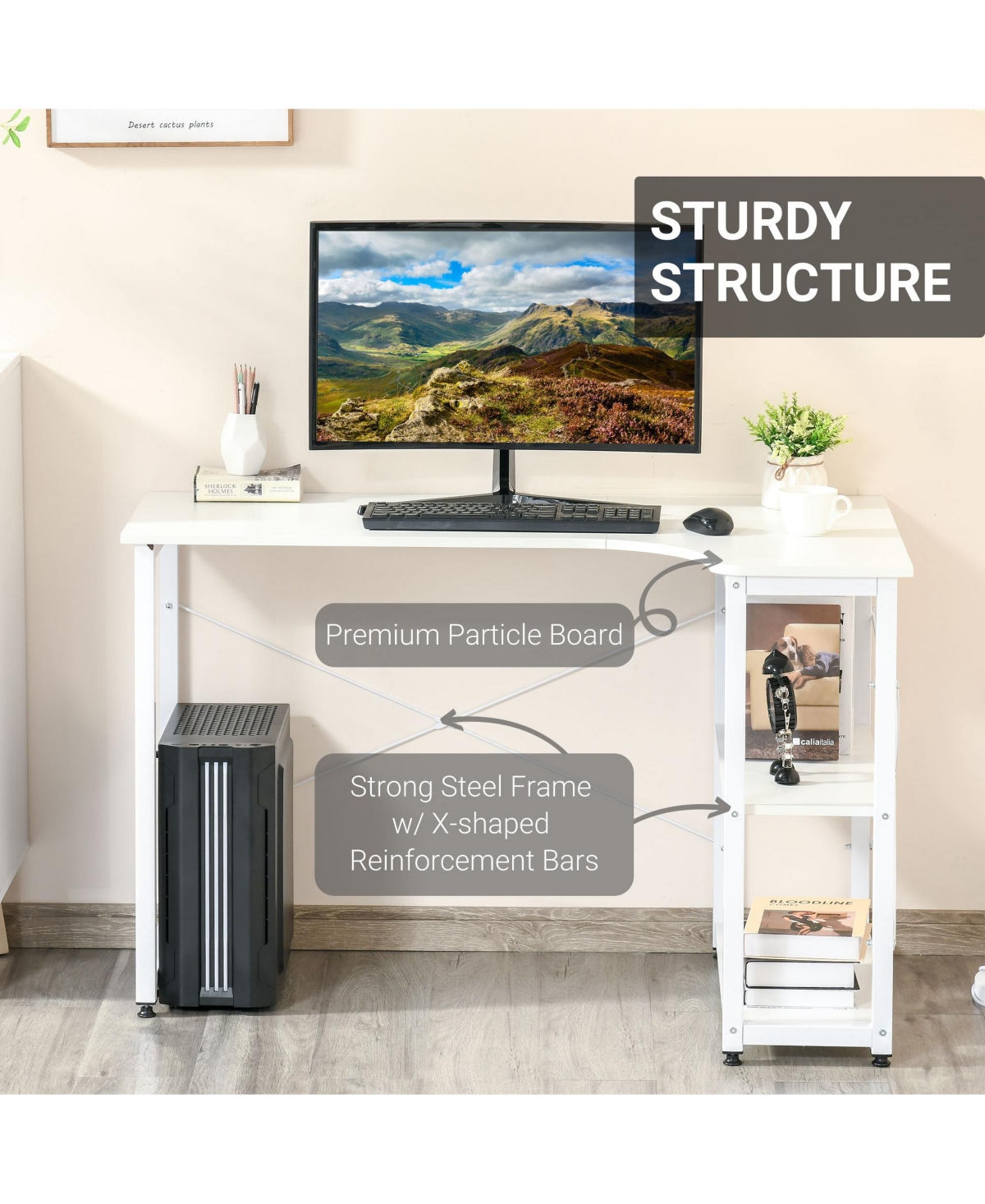 Homcom L-Shaped Computer Desk with 2 Side Shelves and Steel Frame,