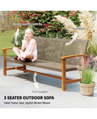 3-Seat Wicker Outdoor Couch Patio Sofa with Acacia Wood Armrests