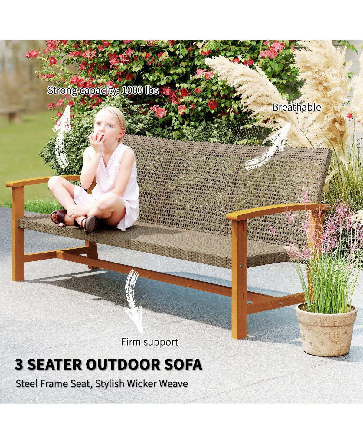 Outsunny 3-Seat Wicker Outdoor Couch Patio Sofa with Acacia Wood Armrests