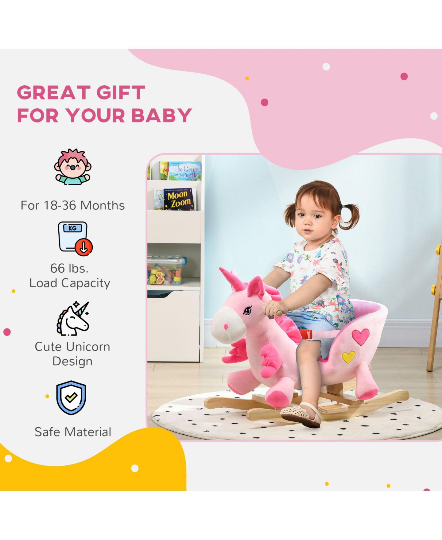 Детская игрушка Qaba Kids Rocking Unicorn with Sound, Wood Base Rocking Chair, 66-lb Capacity, Ages 18-36 Months — фото 5