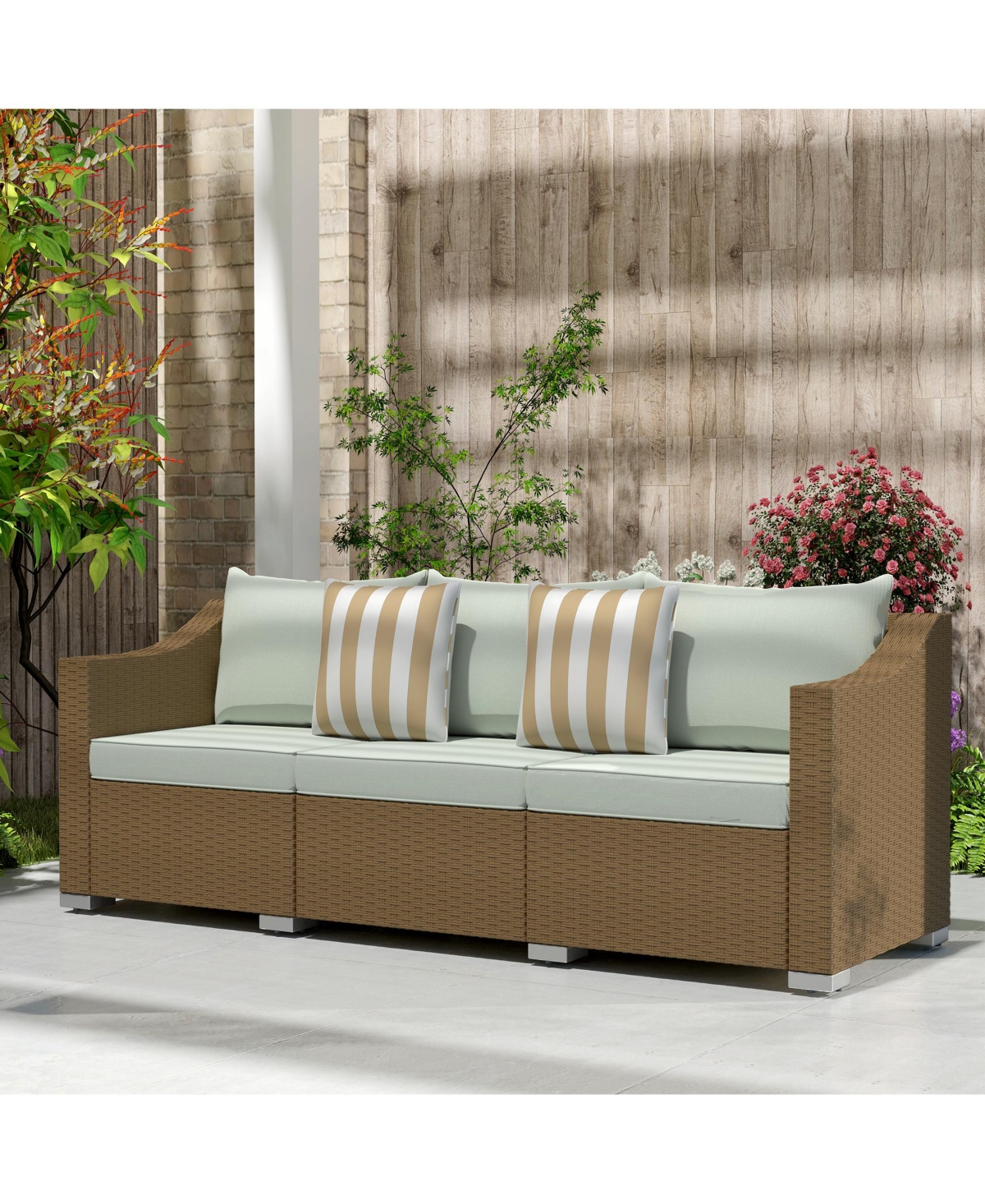 Outsunny 3 Seater Patio Sofa, Wicker Couch with Cushions, Pillows,