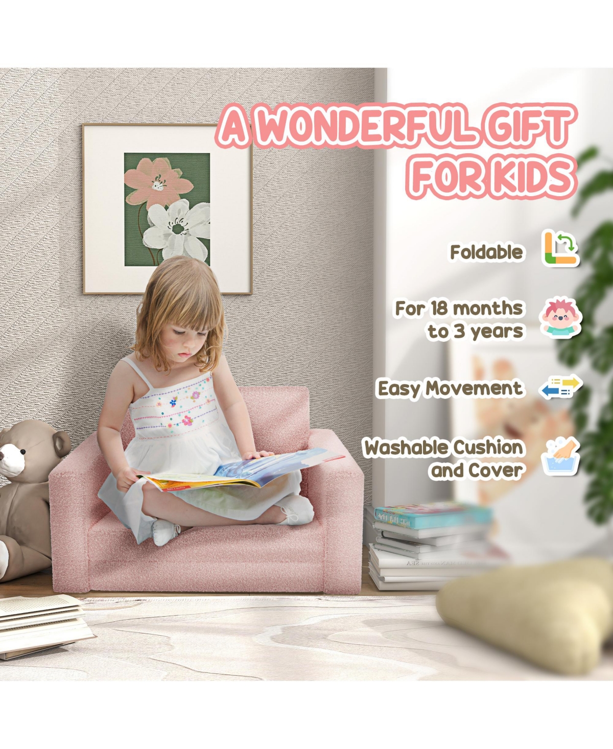 Qaba 2in1 Kids Sofa Convertible Kids Chair Lounger w/ Washable Cover,