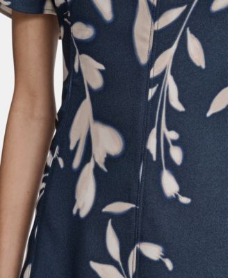 Women's Printed Flutter Sleeve Crew Neck Midi Dress