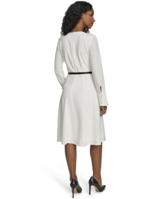 Women's Belted Bell Sleeve Crew Neck Dress