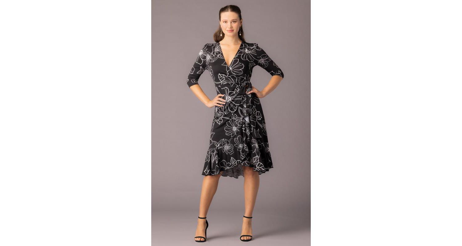Women's Flirty Flounce Midi Wrap Dress with 3/4 Sleeves