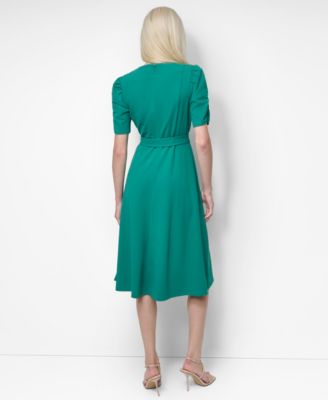 Women's Short Sleeve Scuba Crepe Belted Fit and Flare Midi Dress