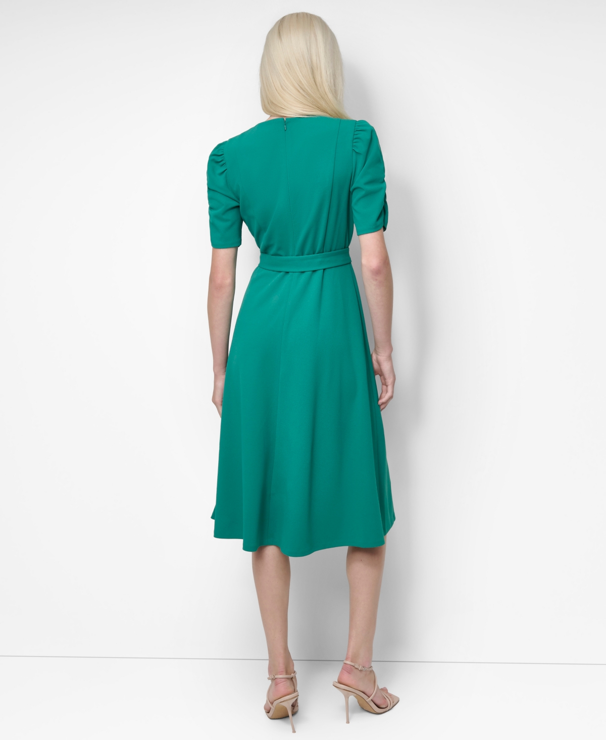 Dkny Women's Short Sleeve Scuba Crepe Belted Fit And Flare Midi Dress In Green