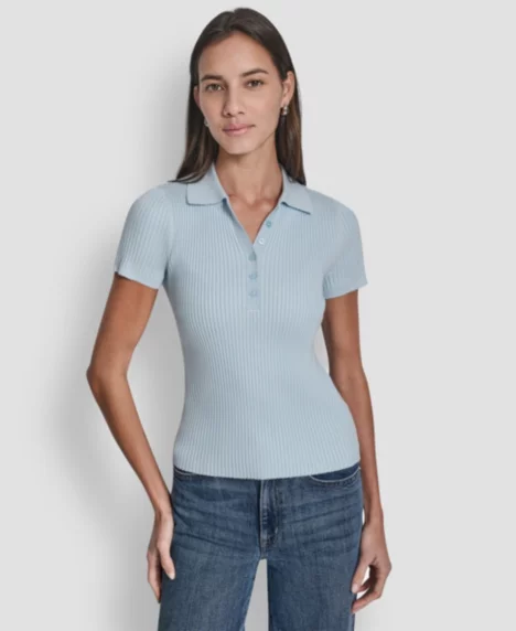 Petite Short-Sleeve Ribbed Polo Shirt - Moonstone