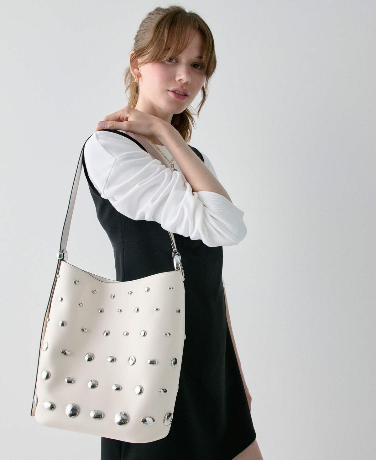 Kate Spade Halo Studded Fine Grain Leather Bucket Bag In White