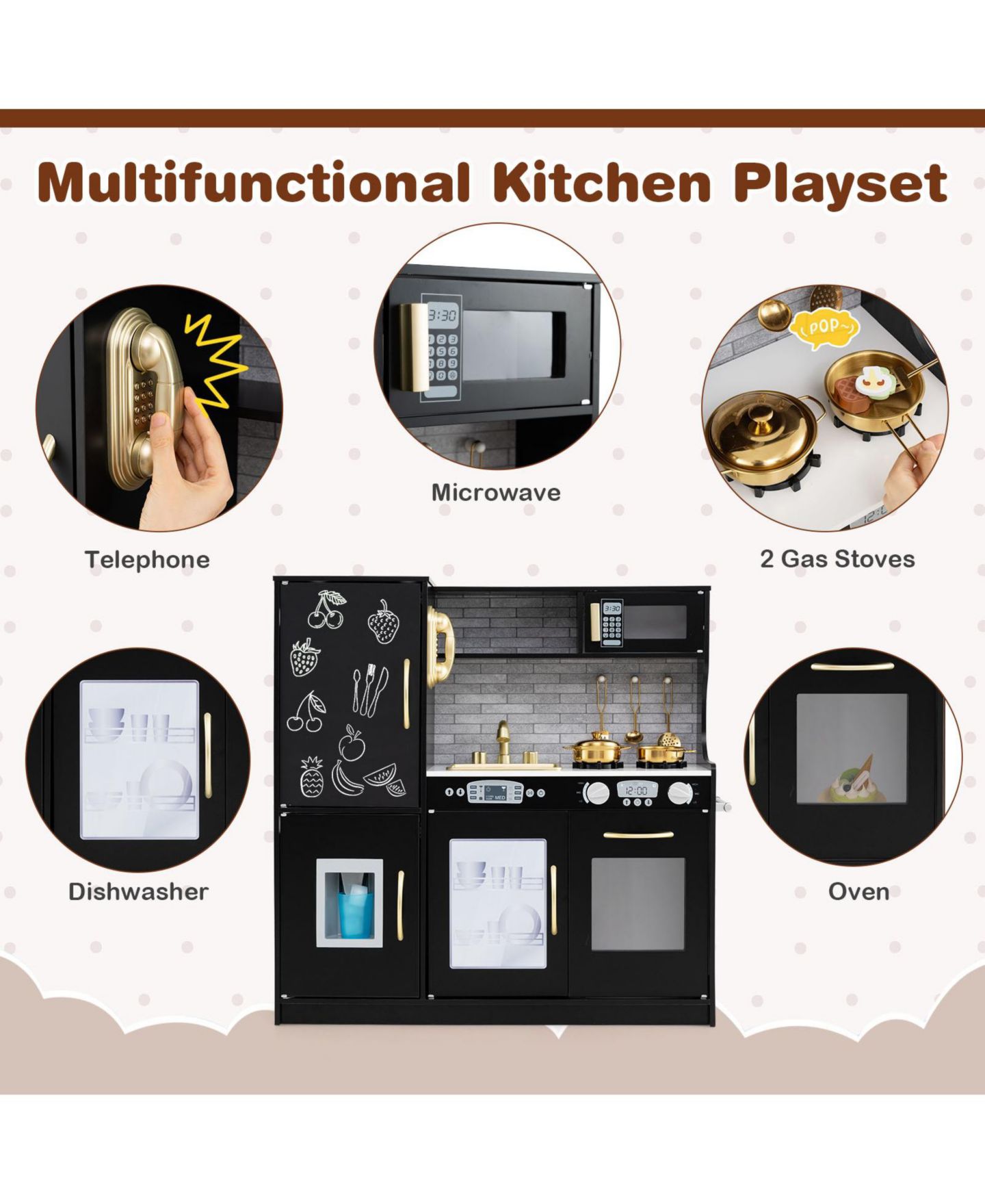 Детская игрушка SKONYON Wooden Blackboard Play Kitchen, Ages 3+, цвет: Чёрный — фото 7