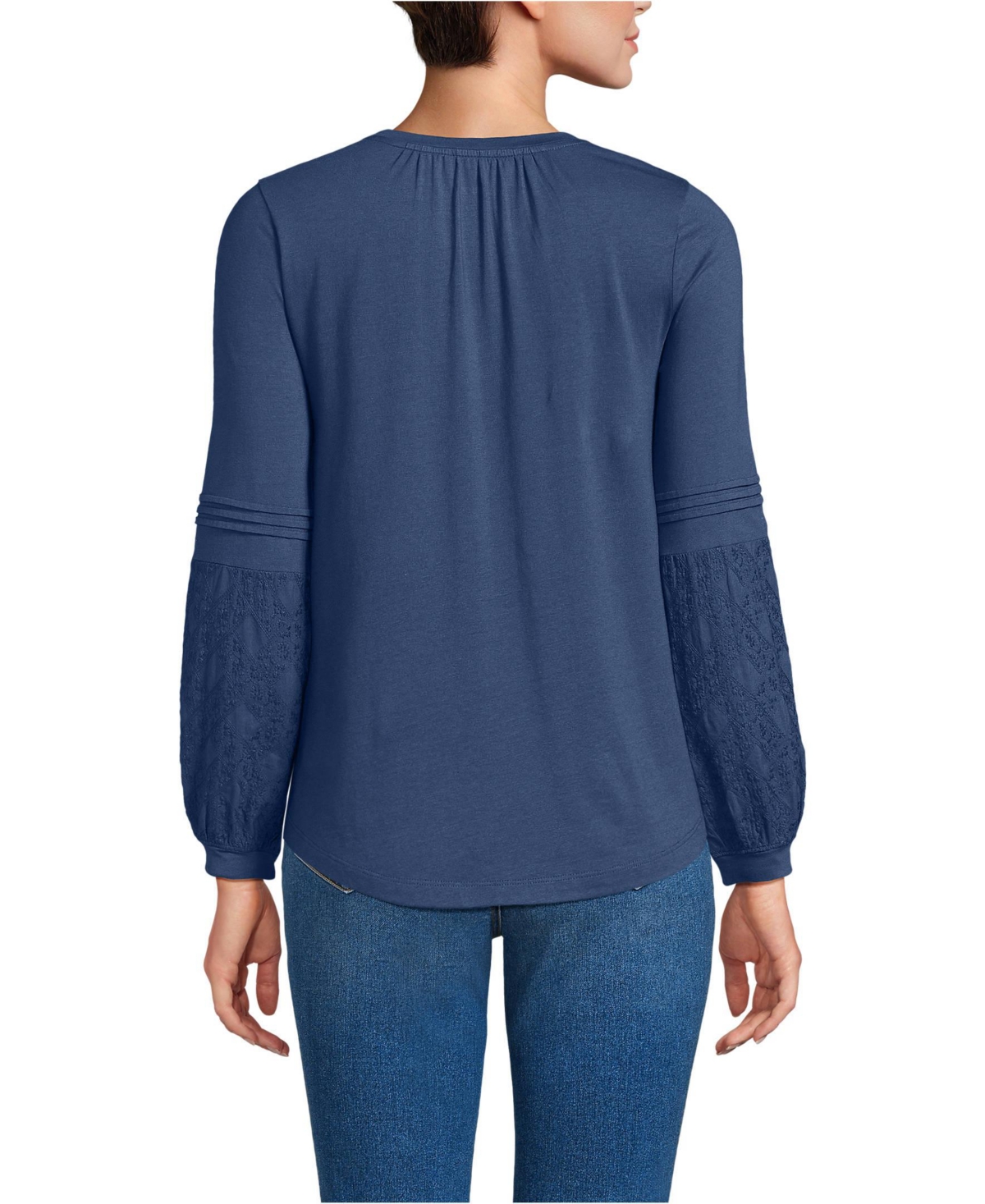 Lands' End Women's Lightweight Jersey Lace Mix Long Sleeve Pintuck Top