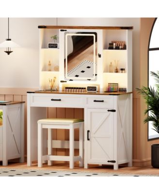 40" Farmhouse Makeup Vanity with LED Mirror & Charging Station