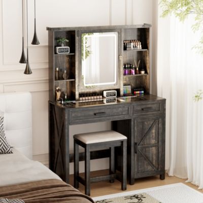 40" Farmhouse Makeup Vanity with LED Mirror & Charging Station