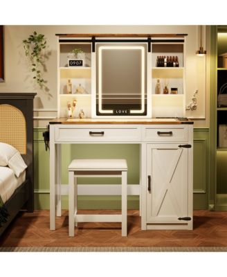 Sliding LED Mirror Makeup Wood Vanity with Power Outlets