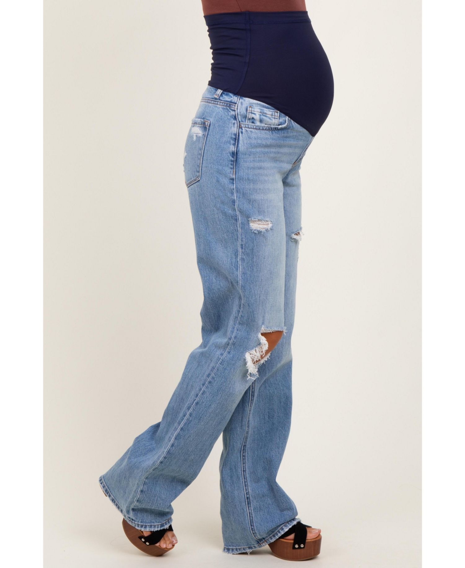 Women's Light Blue Distressed Open Knee Straight Leg Jeans
