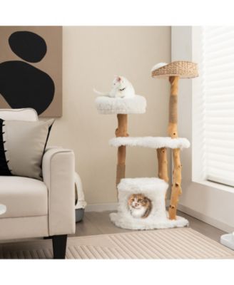 Solid Wood Cat Tower with Top Cattail Basket Cat Bed for Indoor Cats