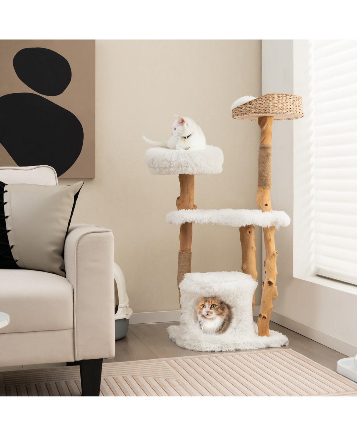 Skonyon Solid Wood Cat Tower with Top Cattail Basket Cat Bed for Indoor Cats