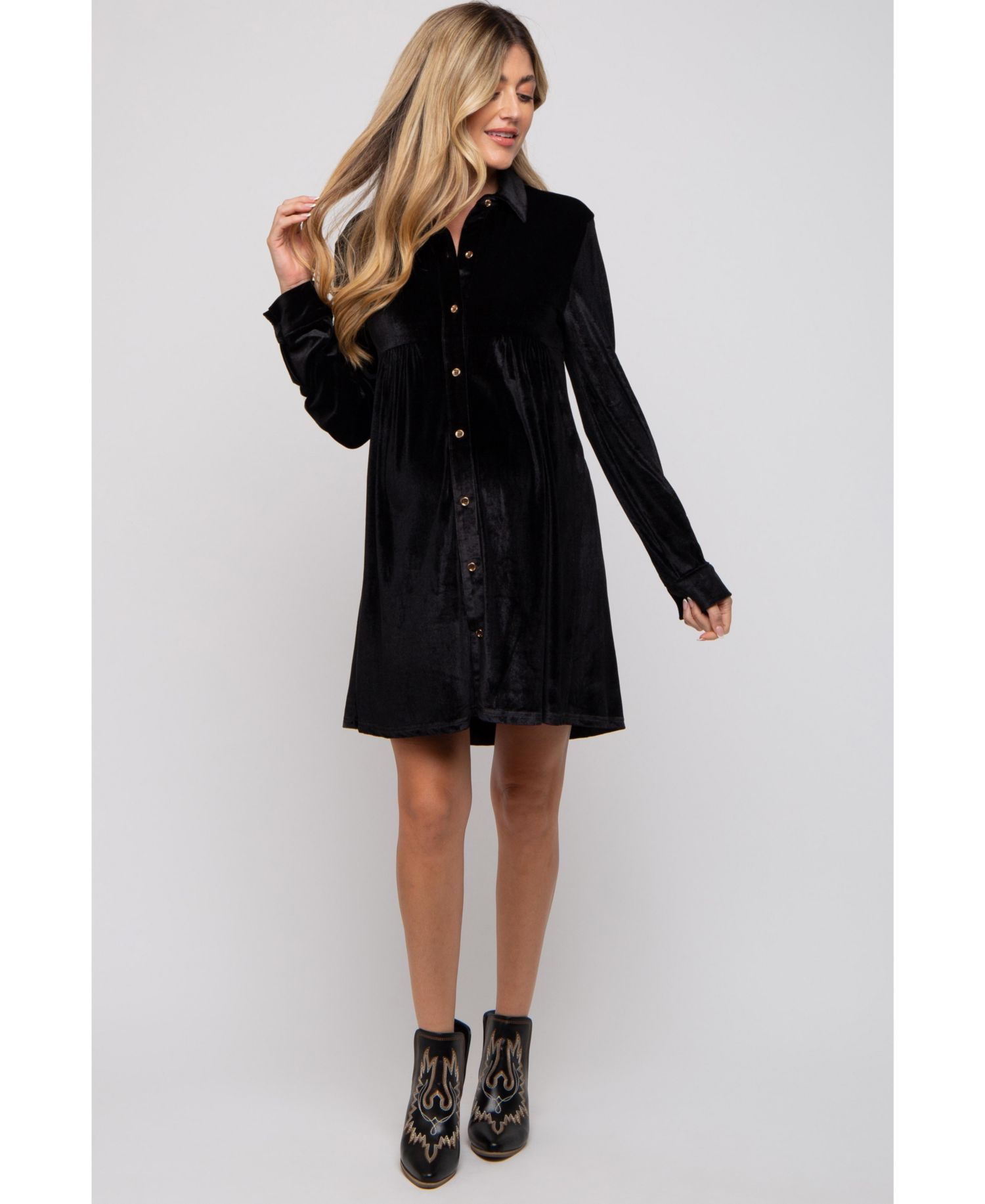 Women's Black Velvet Button Down Dress