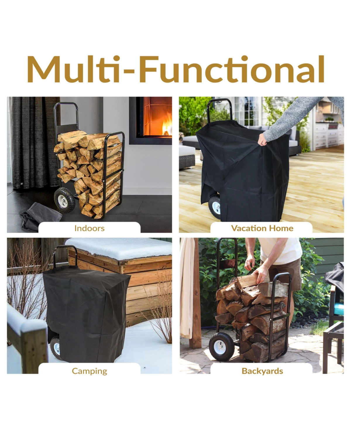 Sunnydaze Decor Steel Log Cart Carrier and Storage Rack with Wheels and Cover