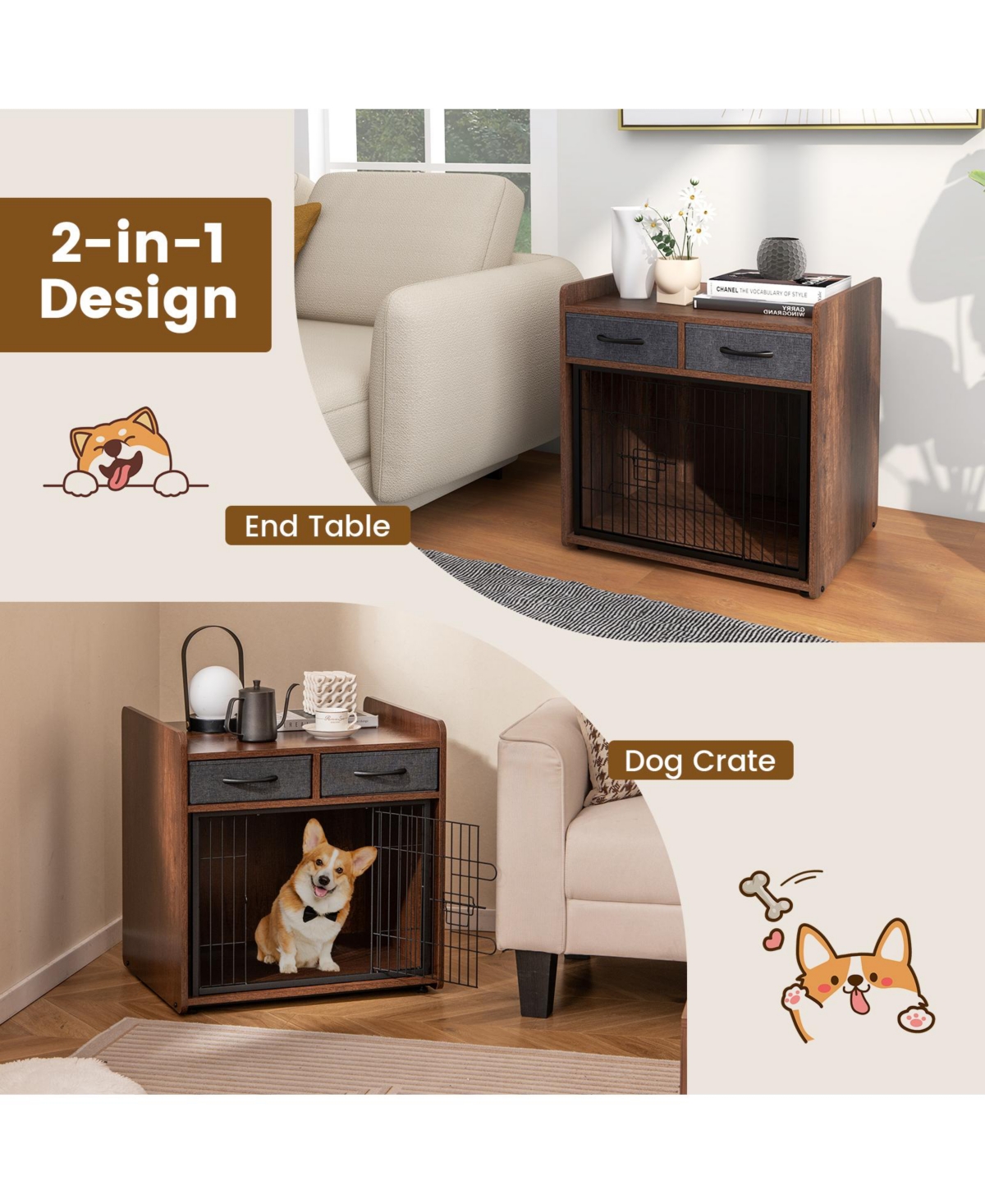 Sugift Dog Crate Furniture Indoor Dog Cage with 2 Fabric Drawers End Table
