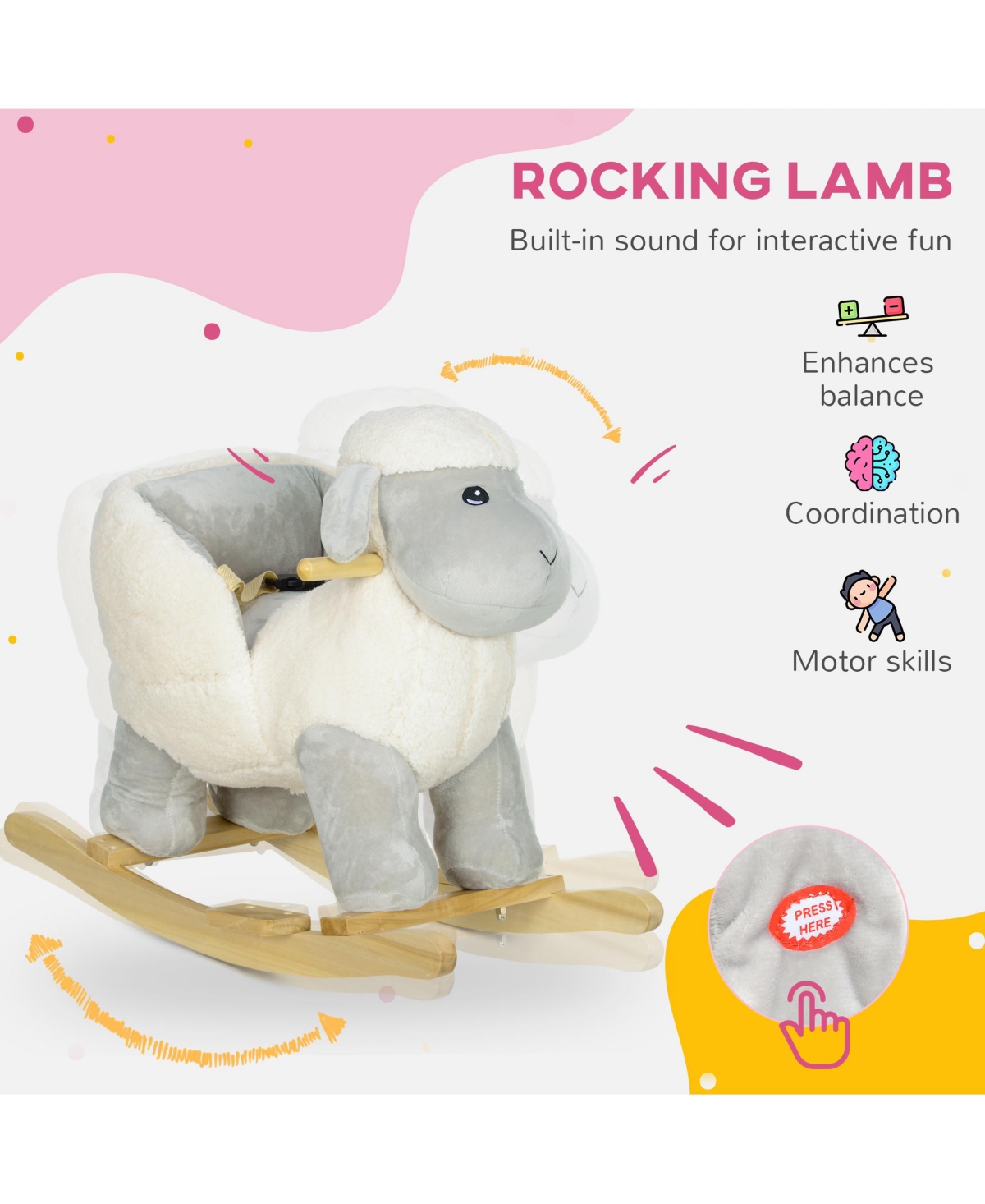 Qaba Kids Rocking Chair with Sound, Wood Base Seat, Safety Belt, Lamb