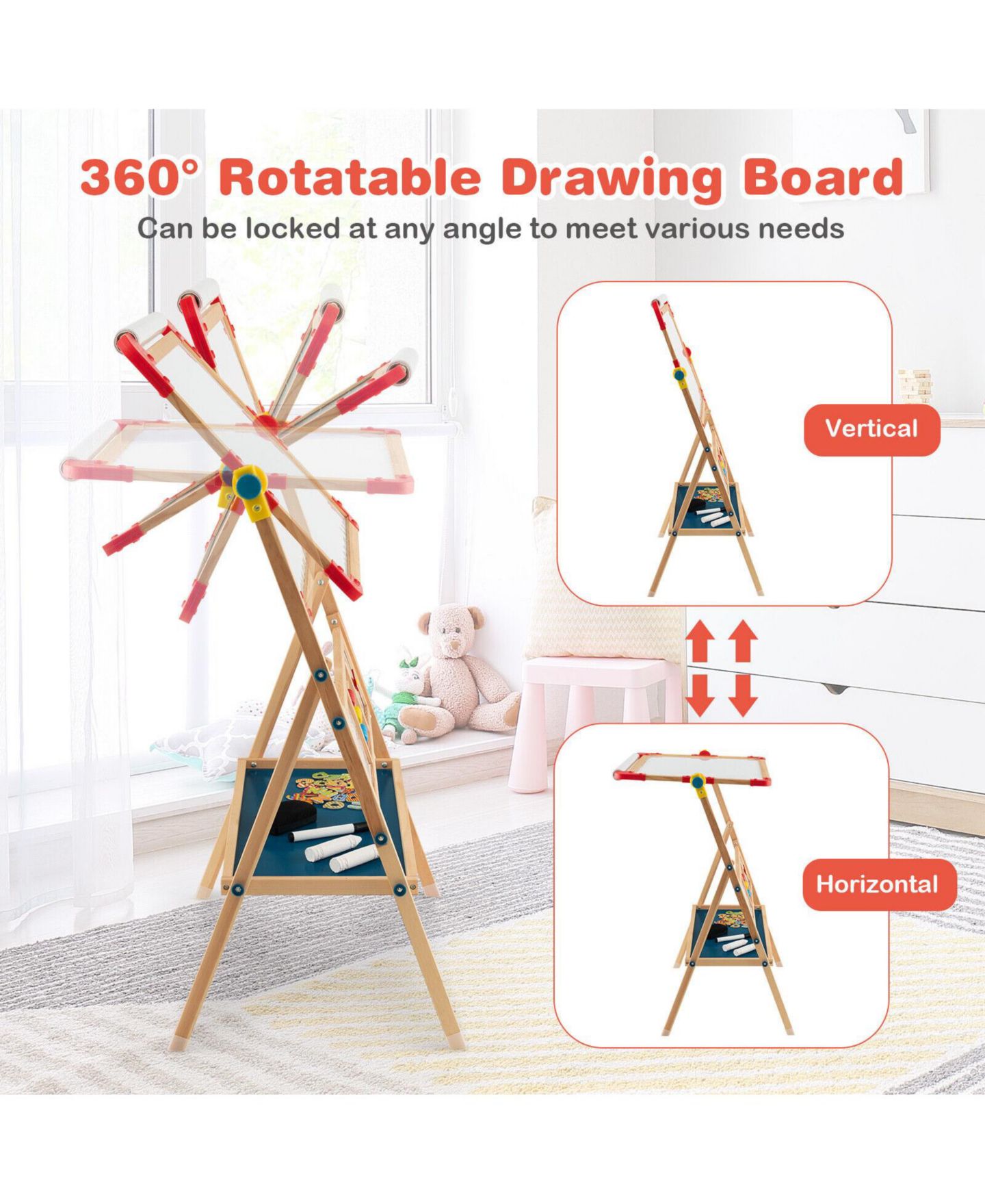 Детская игрушка SUGIFT 3-in-1 Wooden Adjustable Art Easel with Drawing Paper Roll, Ages 3+, цвет: Коричневый — фото 7