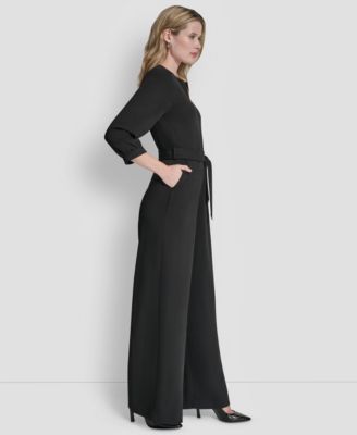 Women's 3/4 Sleeve Wide Leg Exposed Zipper Jumpsuit