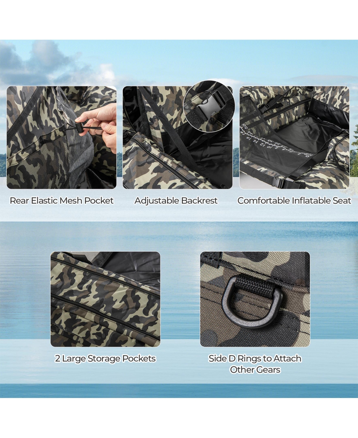Sugift Inflatable Float Tube with Fish Ruler Rod Holder and Storage Pockets-Camouflage