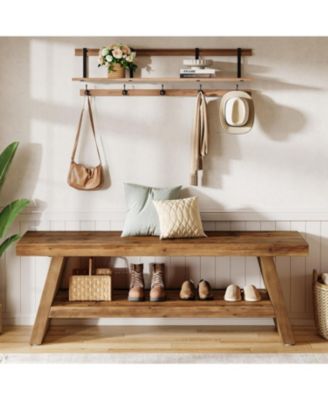 2-Tier Entryway Bench, Hallway Foyer Solid Wood Seating with Open Shelves