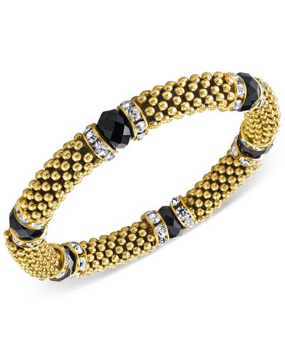 2028 Gold-Tone Jet Stone and Crystal Metallic Beaded Stretch Bracelet
