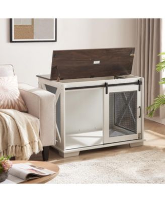 Dog Cage Crate Furniture with Sliding Barn Door Wooden Dog Kennel End Table with Flip-Top Plate and Detachable Divider for Small Dogs