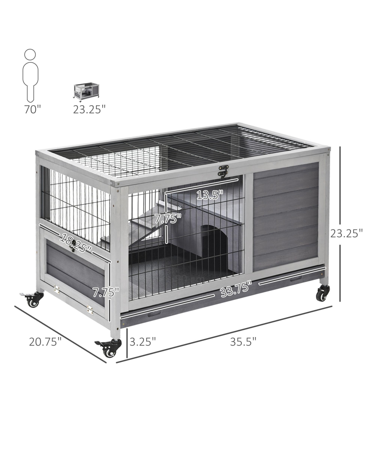 PawHut Rabbit Hutch Indoor Small Animal House w/ Pull Out Tray Casters Ramp