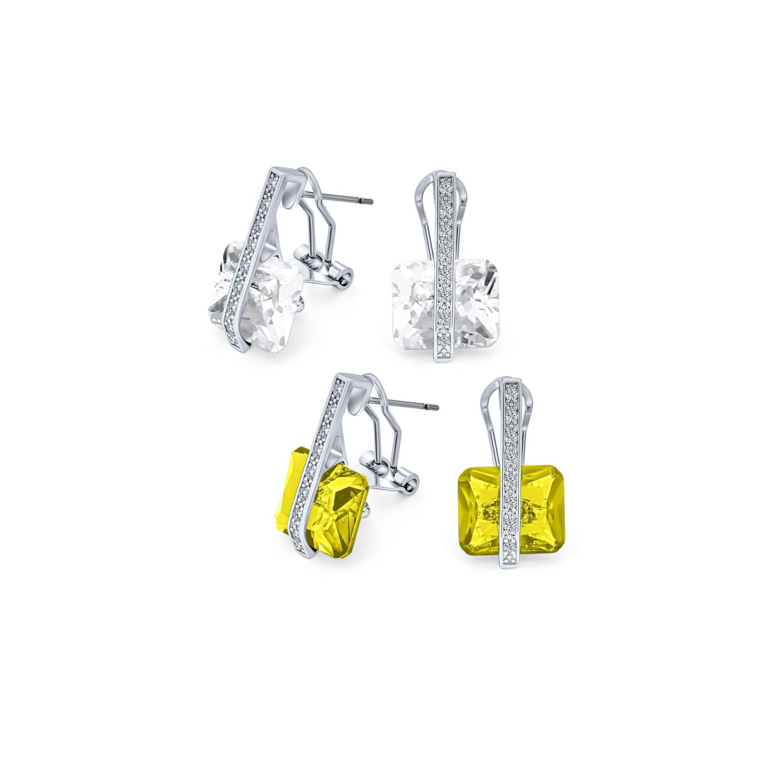 Art Deco Style Pink and Blue Rectangle CZ Drop Cocktail Earrings Silver