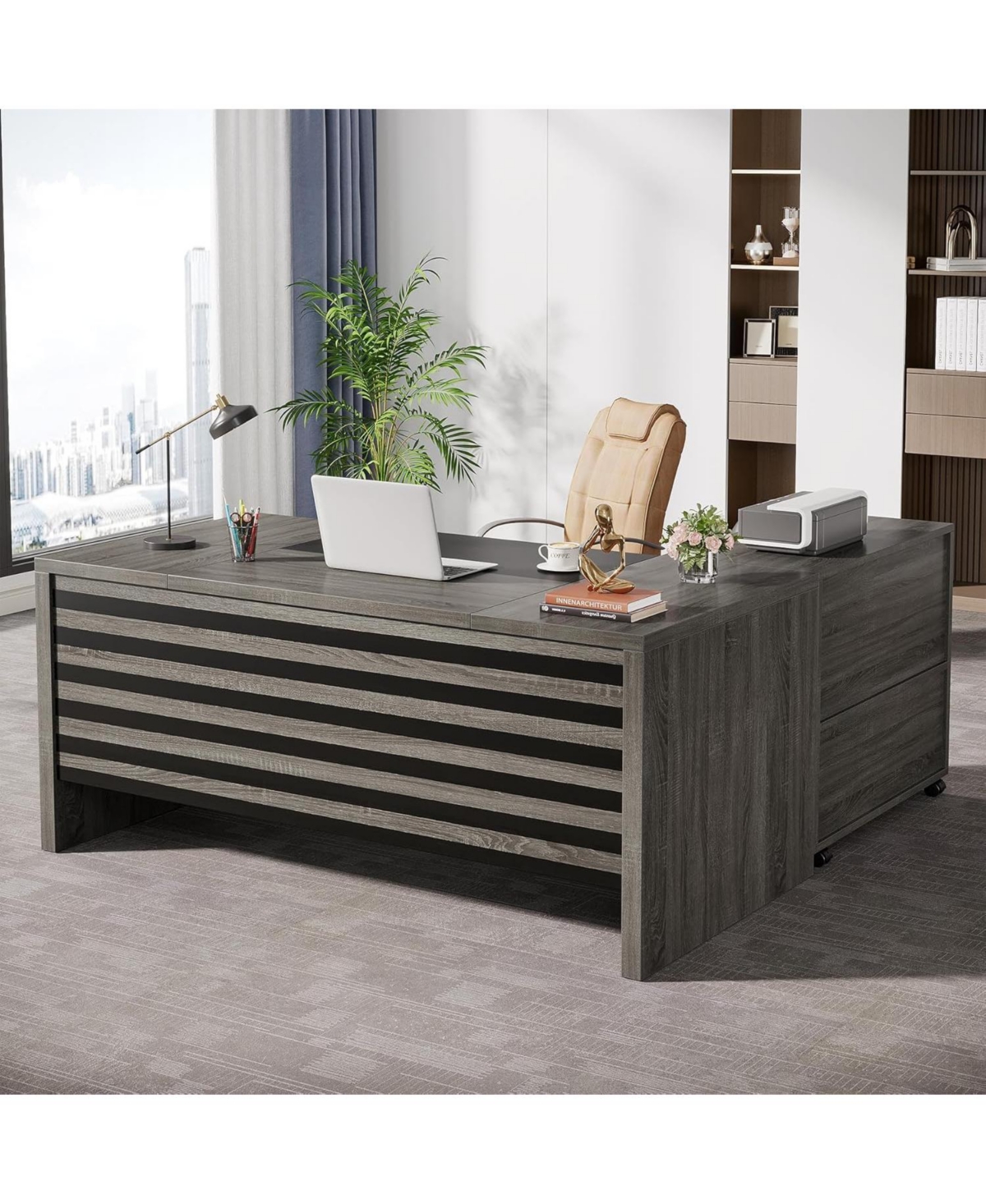 Tribesigns 62.2" Gaming Table,Executive Desk with Mobile File Cabinet, L-Shaped Office Desk with Storage Shelves