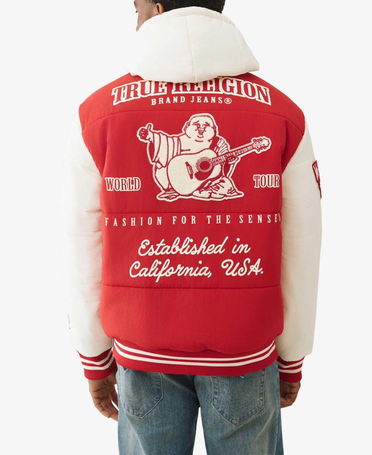 True Religion Varsity Hooded Puffer Jacket In Red