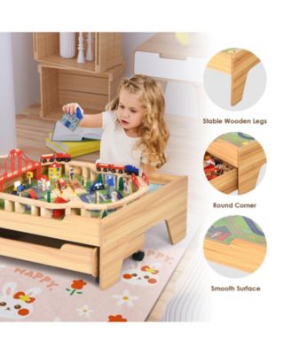Children's Wooden Railway Set Table with 100 Pieces Storage Drawers