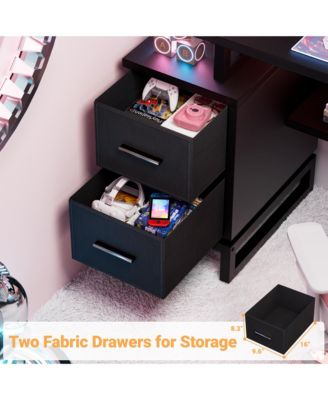 Gaming Desk with 2 Fabric Drawers and LED Lights, Reversible Computer Desk with Outlets & DIY Pegboard