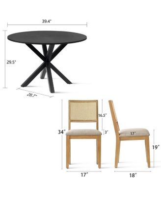 5-Piece Black Round Dining Set, MDF Table with Faux Rattan Back Chairs and Upholstered Seats Apartment Small Dining Room-Maison Boucle