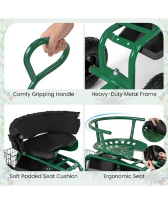 Cushioned Rolling Garden Cart Scooter with Storage Basket and Tool Pouch