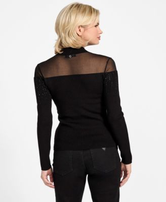 Women's Embellish Sheer Panel Mock Neck Sweater