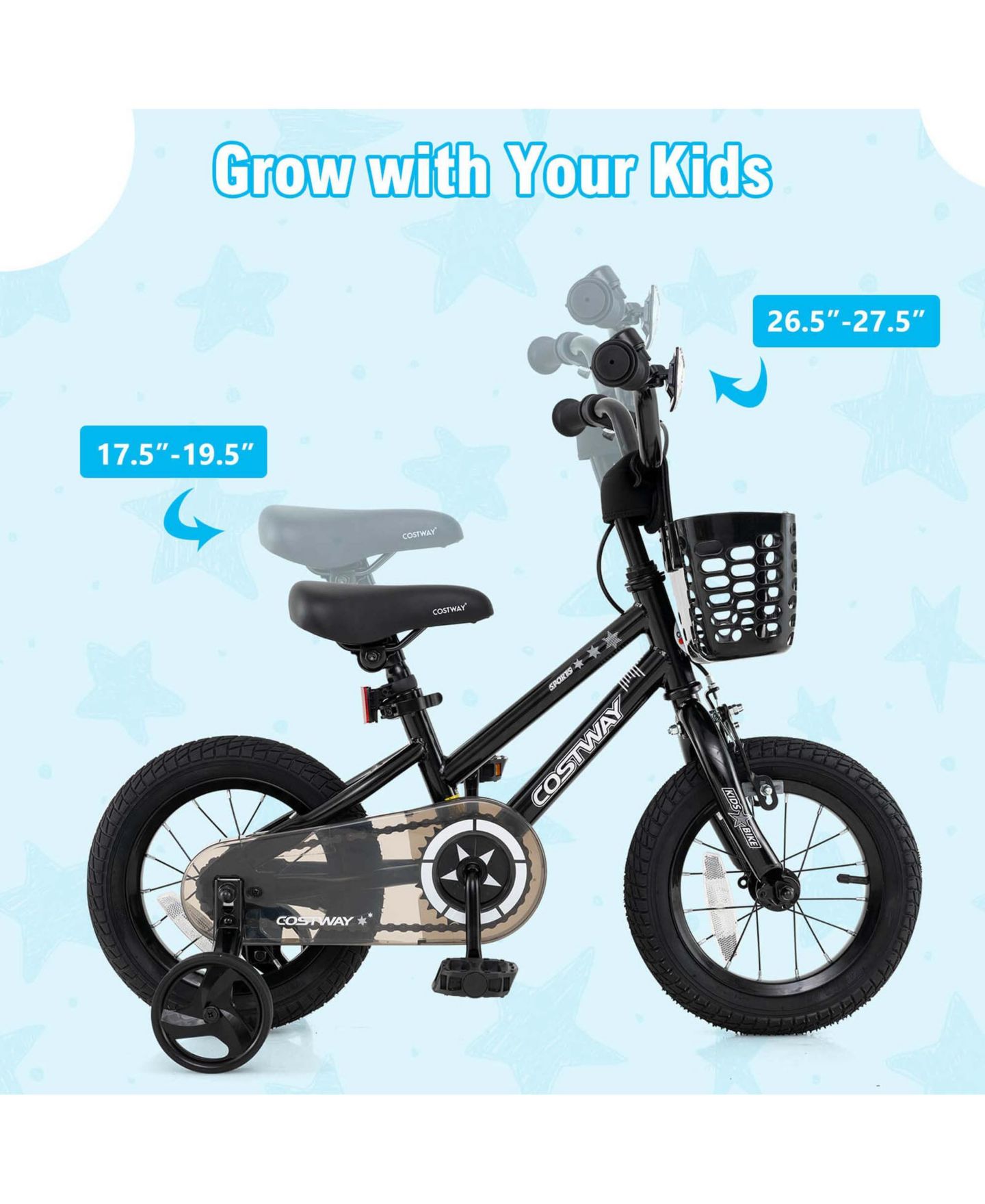 Детская игрушка Costway 12" Kids' Bike with Training Wheels, Adjustable Handlebar & Seat, 145 lbs. Capacity, Ages 3-4, цвет: Чёрный — фото 5