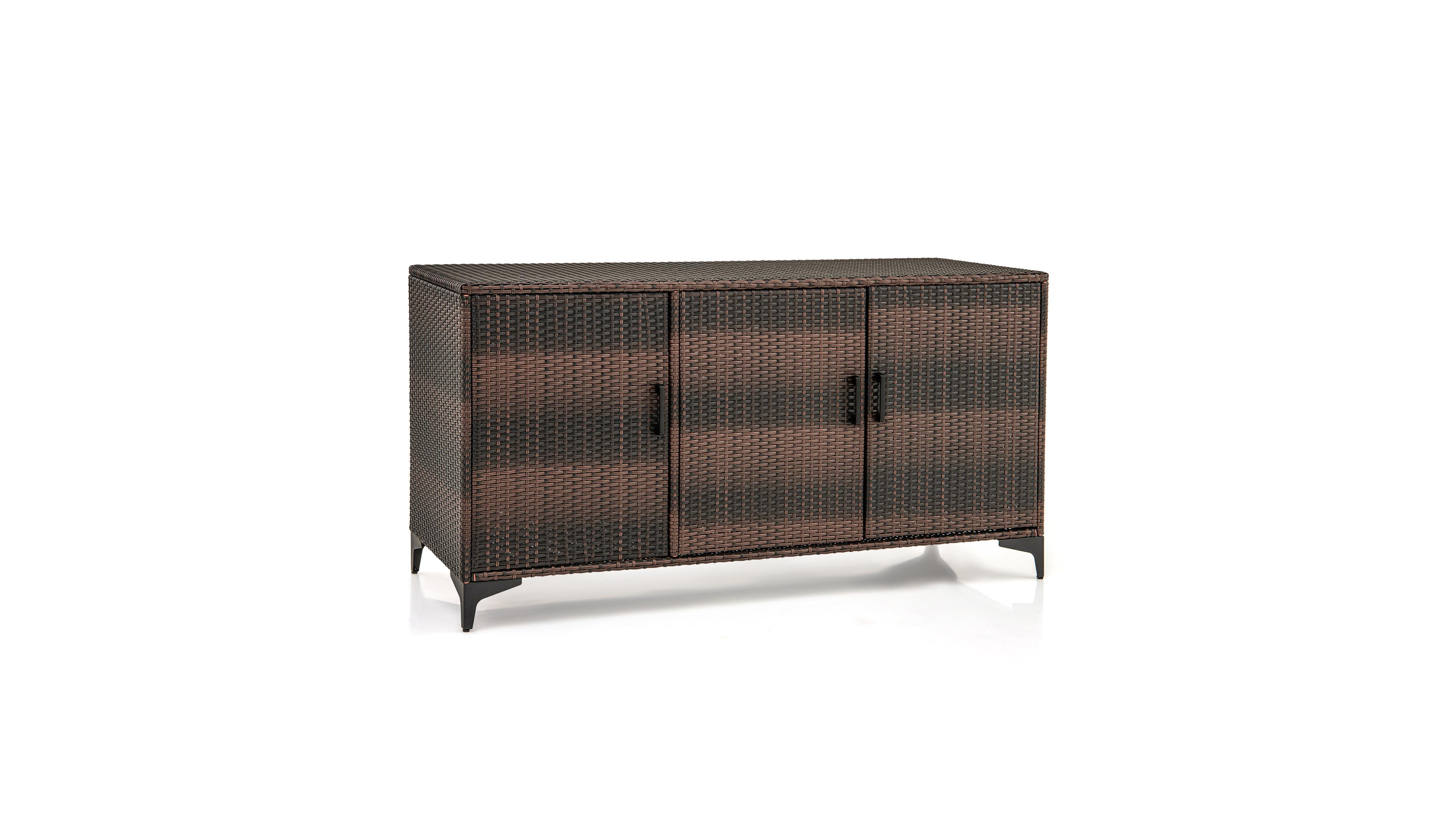 Sugfit 84 Gallon Patio Wicker Deck Box 3-Door Pe Rattan Storage Container with Removable Shelves-Brown