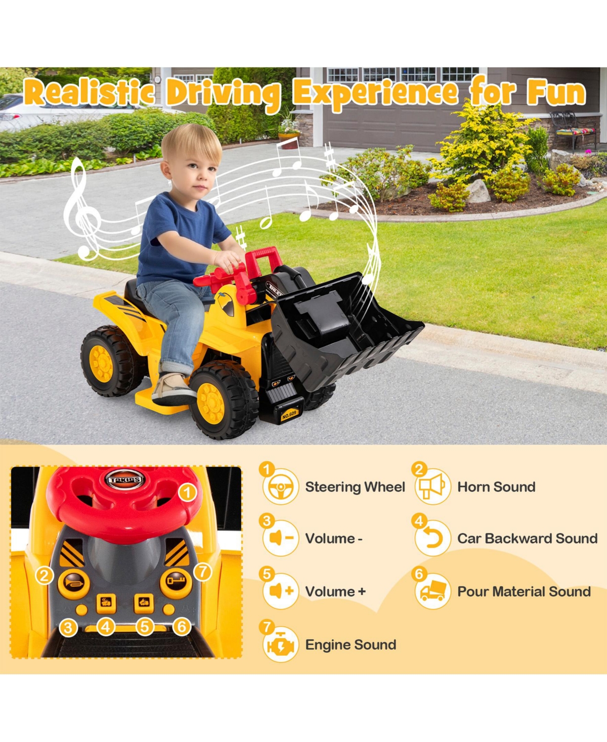 Sugift 6V Kids Ride On Bulldozer with Folding Basketball Hoop and Balls