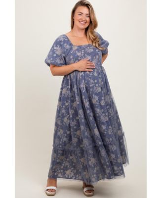 Plus Size Floral Mesh Square Neck Short Puff Sleeve Midi Dress