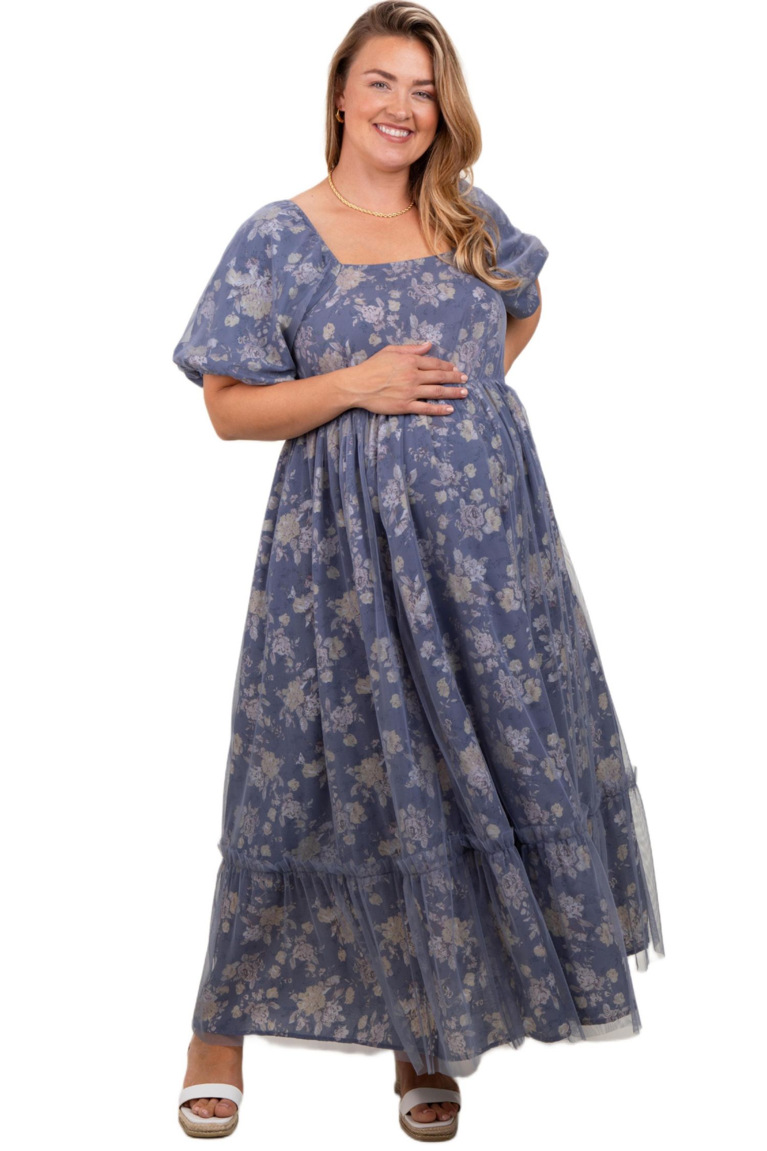 Women's Maternity Floral Mesh Square Neck Short Puff Sleeve Midi Dress