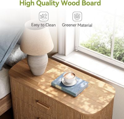 Large Wide Nightstand with 3 Drawers, Mid Century Modern Oversized Bedside Table