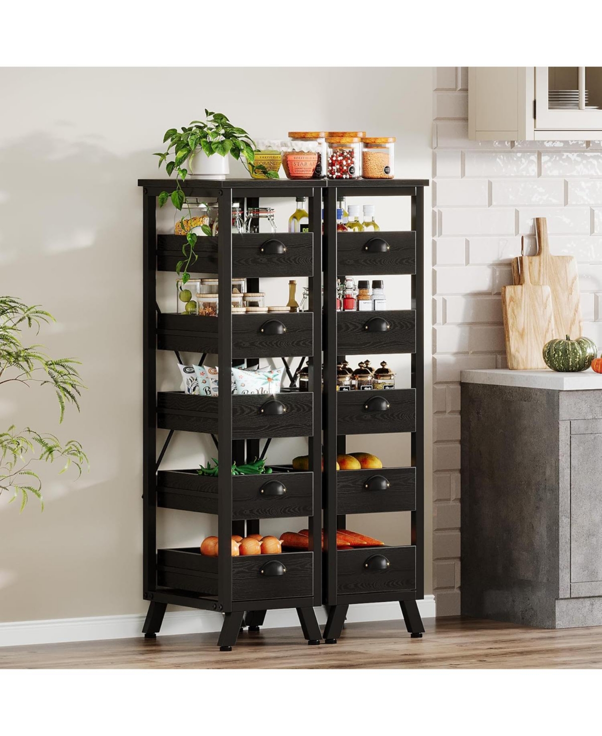 Tribesigns 5-Tier Narrow Snack Stand Kitchen Stand Fruit Basket Set of 2,Wood Fruit and Vegetable Storage Rack