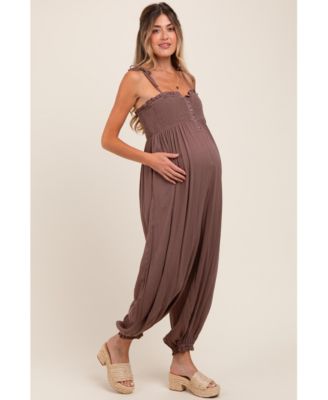 Maternity Mocha Smocked Button Front Shoulder Tie Jumpsuit