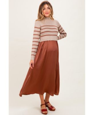 Maternity Brown Striped Contrast Sweater Top Maxi Dress