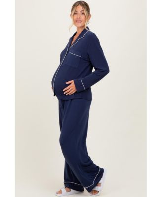 Maternity Dark Navy Button Down Top Wide Leg Pant Pajama Set